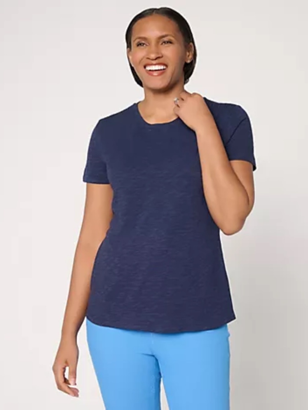 Denim & Co. Essentials Linen Blend Top with Smocking Detail, Navy Sz L a722376